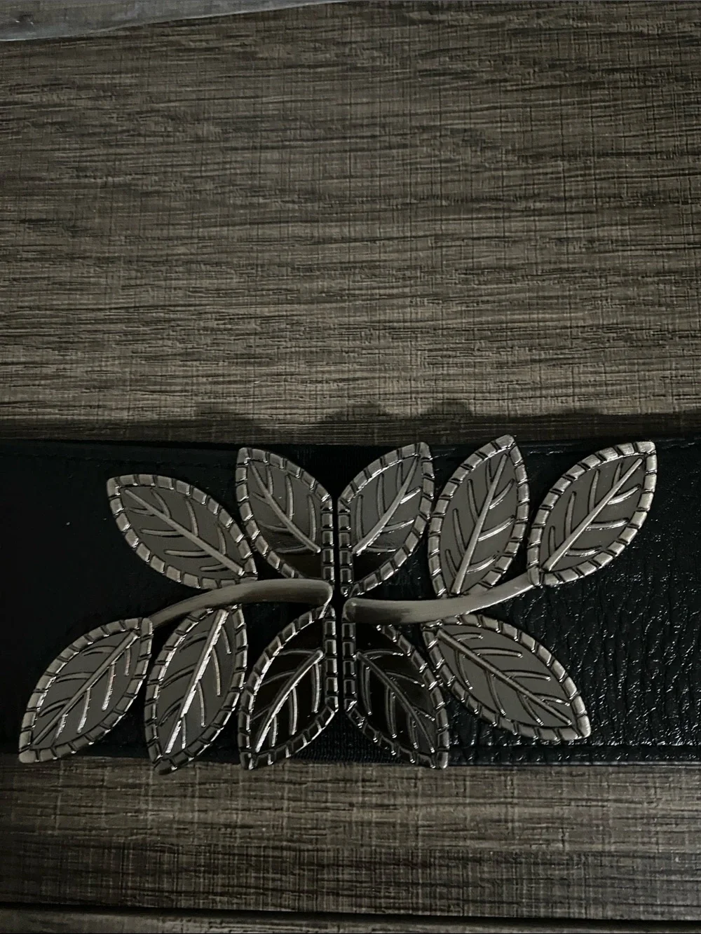 Black Elastic Belt with Decorative Silver Leaf Buckle